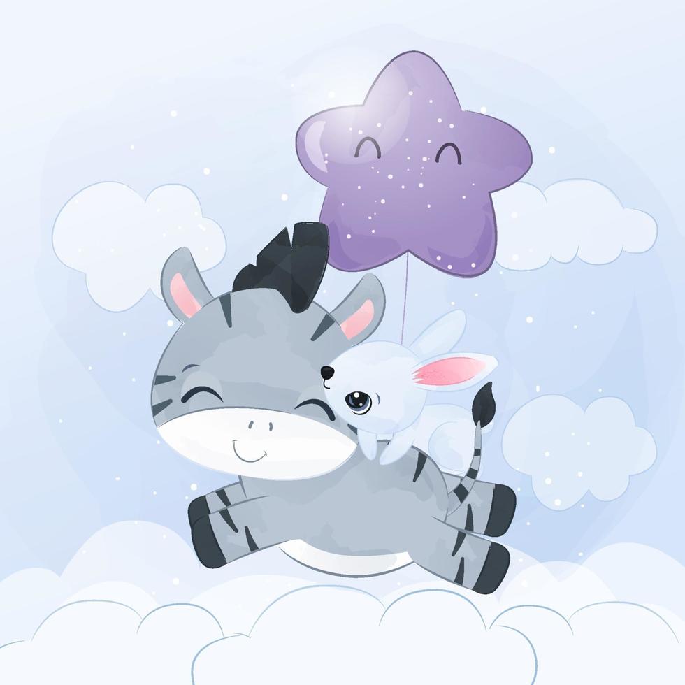 Cute little zebra and bunny playing together vector
