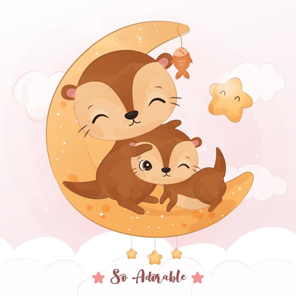 linda mamá y bebé nutria en acuarela ilustración vector