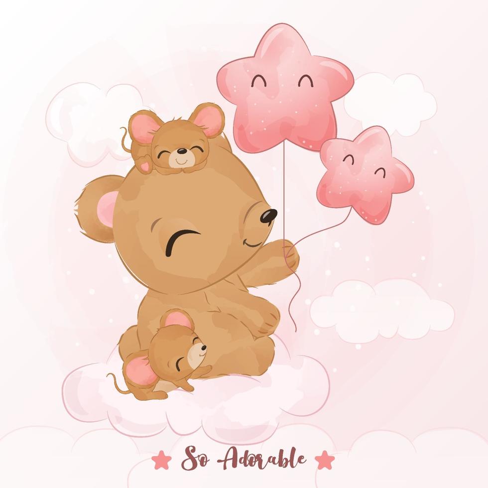 Cute little bear and mice in watercolor illustration vector