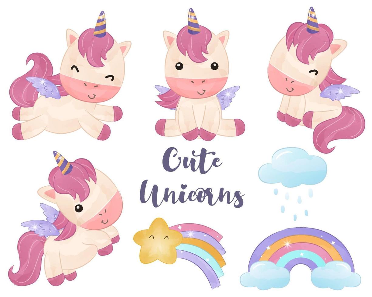 Cute little unicorns collection in watercolor vector