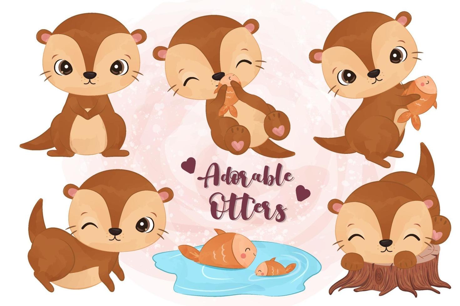 Cute little otters collection in watercolor vector