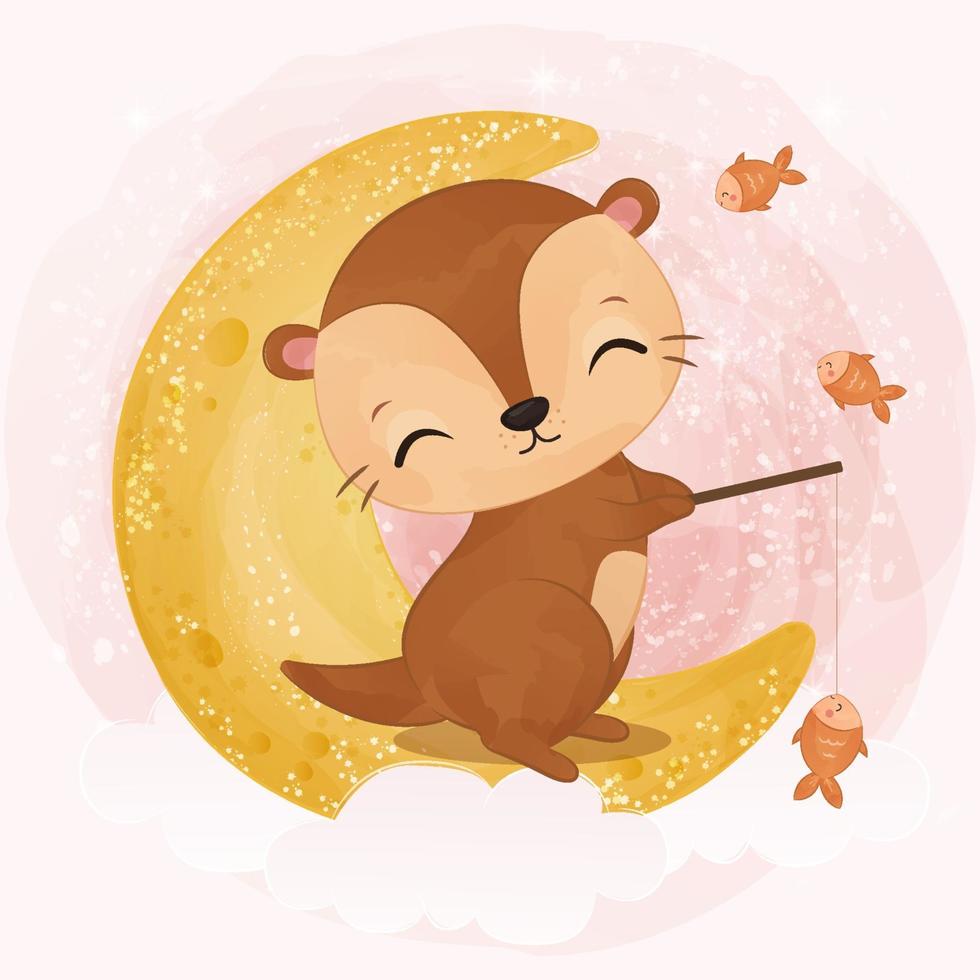 Adorable baby otter in watercolor illustration vector