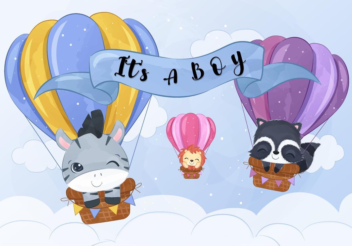 Cute baby animals flying with air balloon vector