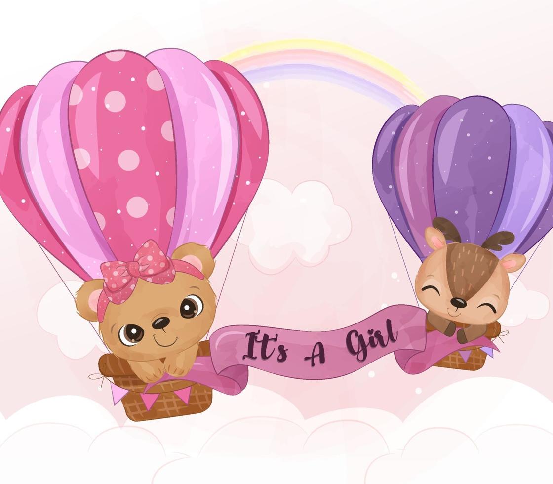 Cute baby animals flying with air balloon vector