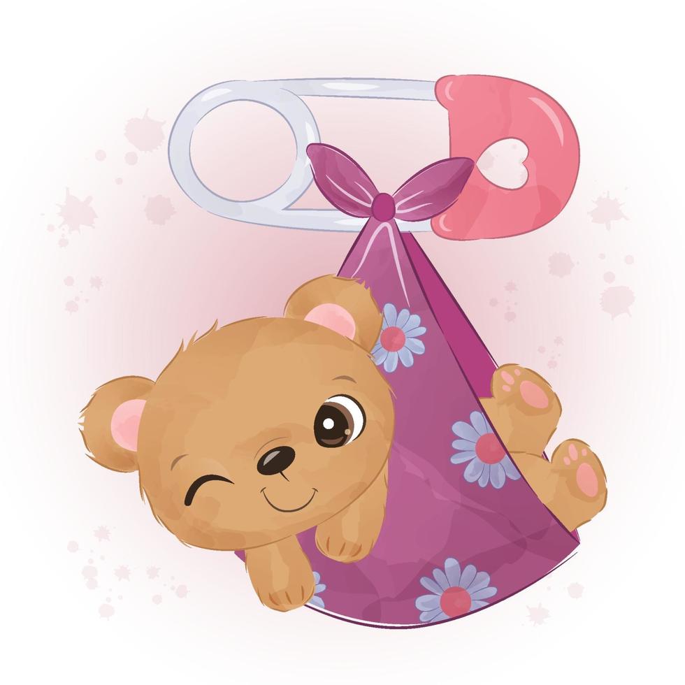 Adorable baby bear illustration in watercolor vector