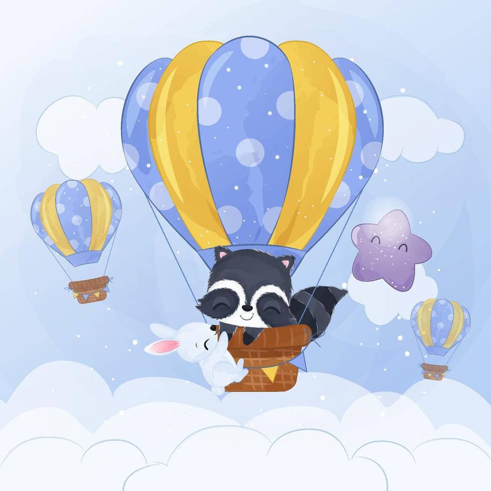 Cute little raccoon and bunny flying with air balloon vector