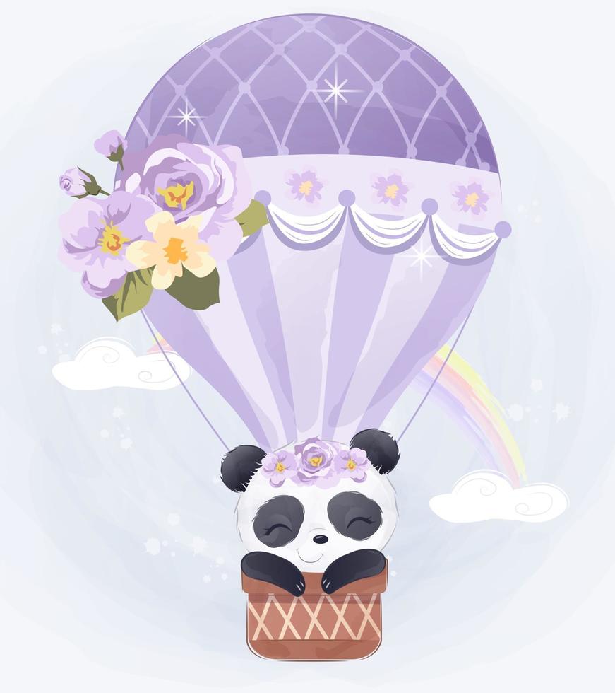 Adorable baby panda flying with air balloon vector