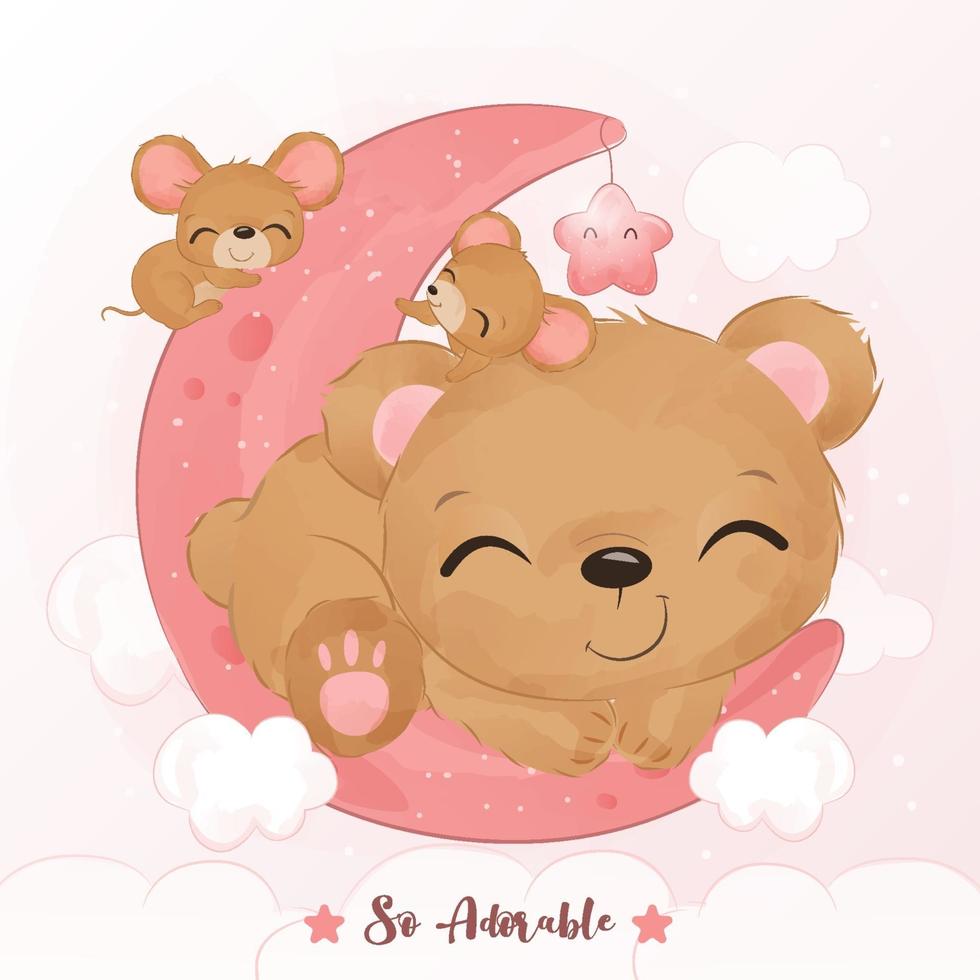 Cute little bear and mice in watercolor illustration vector