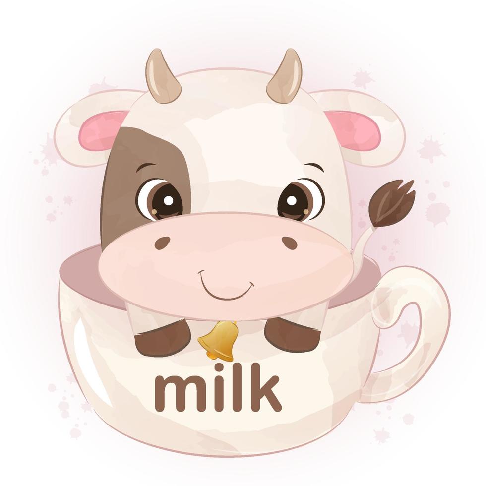 Cute little cow in watercolor illustration vector