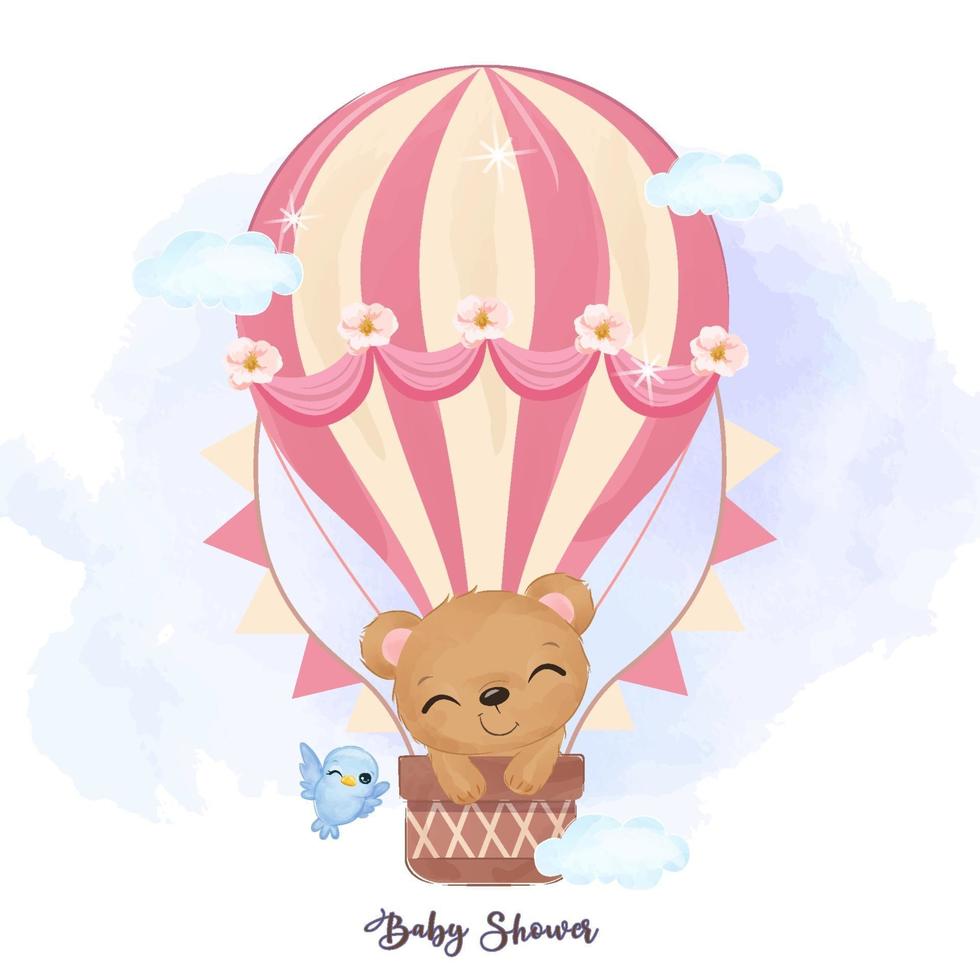 adorable bebé oso volando con globo aerostático vector