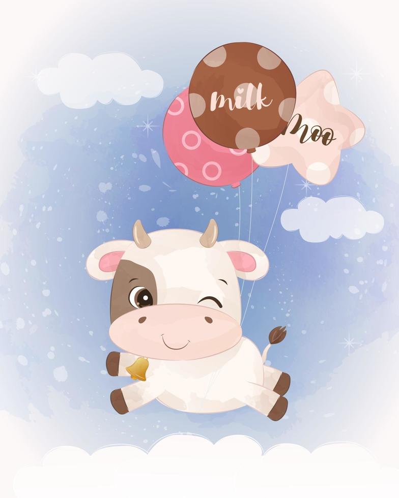 Adorable little cow illustration in watercolor vector