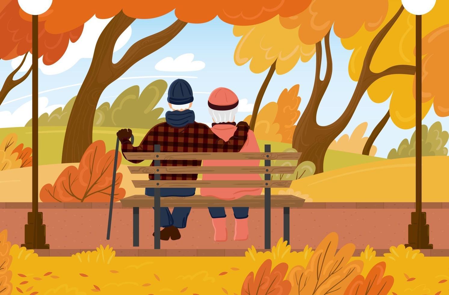 Grandfather and grandmother are sitting on a bench in the autumn city park. Family of adults hug and enjoy the scenery. Vector illustration.