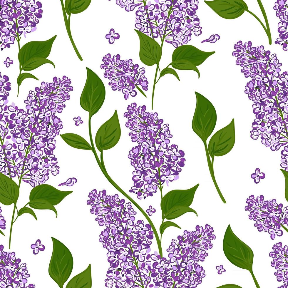Seamless pattern of lilac branches with green leaves. Vector background hand drawn blooming purple flowers