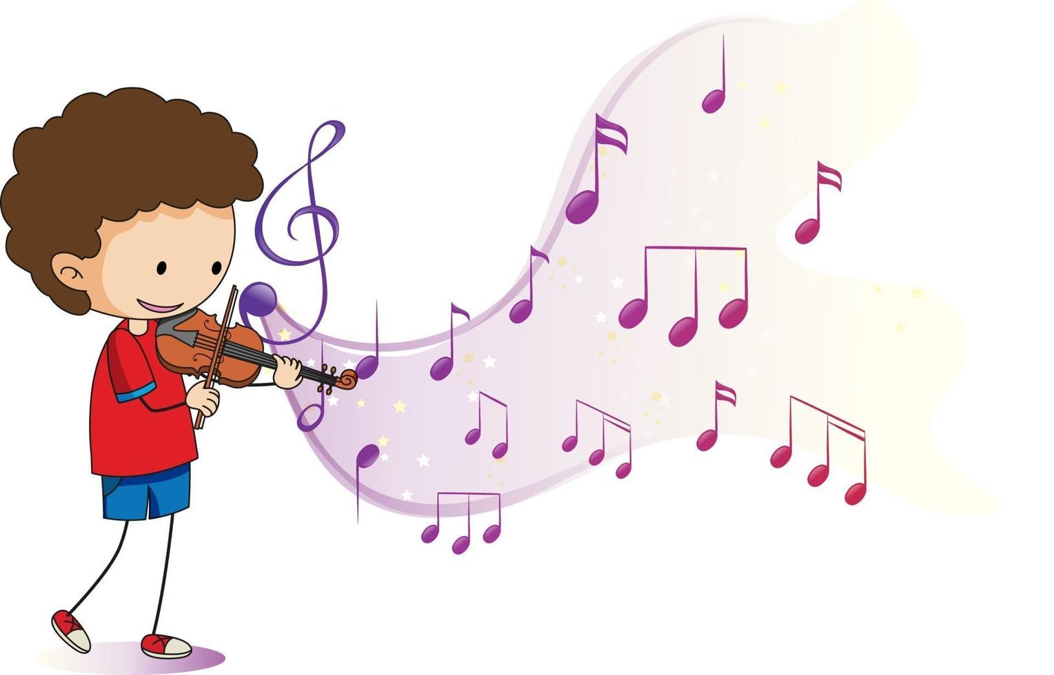 Cartoon doodle un niño tocando el violín con símbolos de melodía sobre fondo blanco. vector