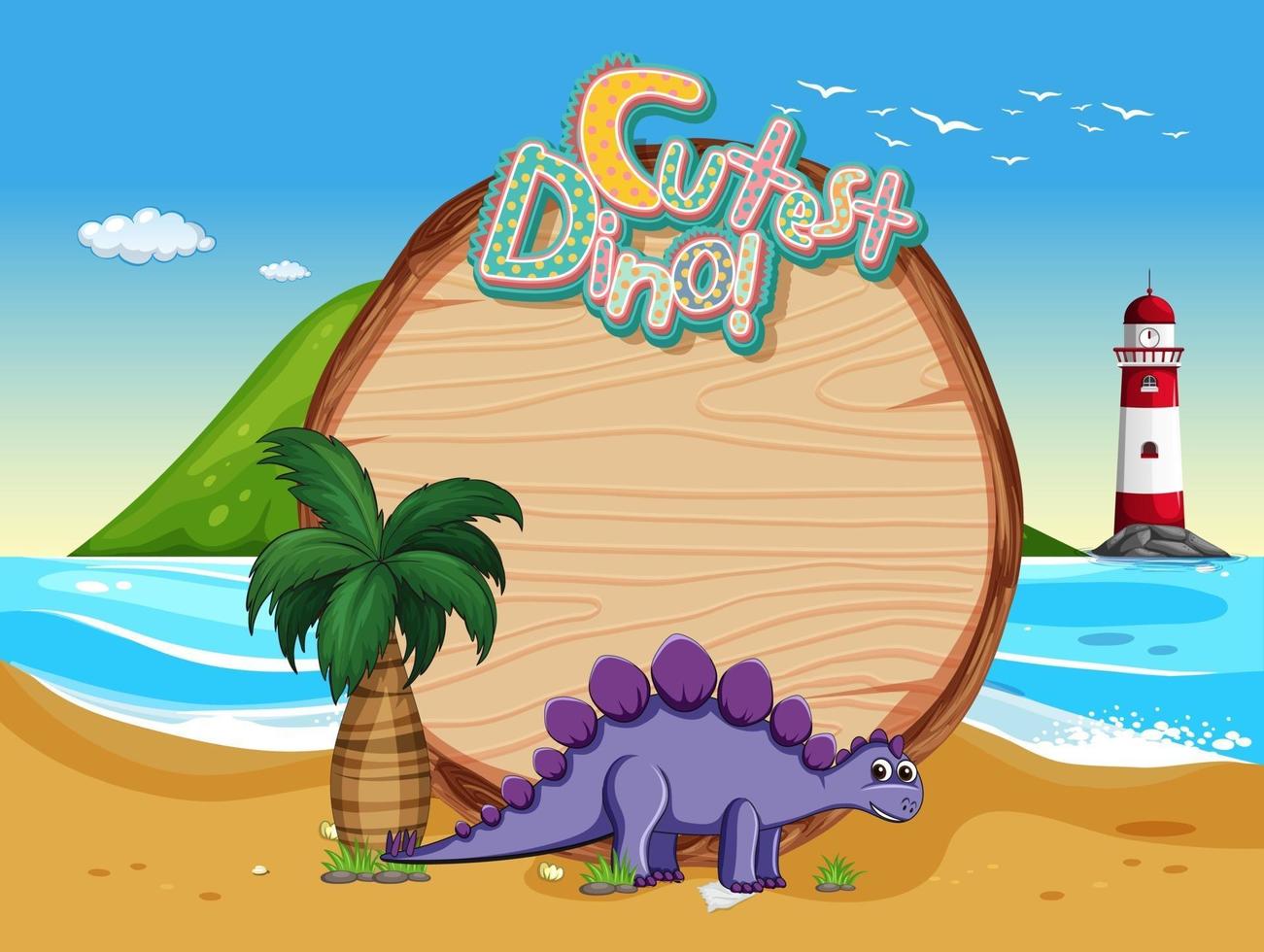 Beach scene with empty board template and cute dinosaur cartoon character vector