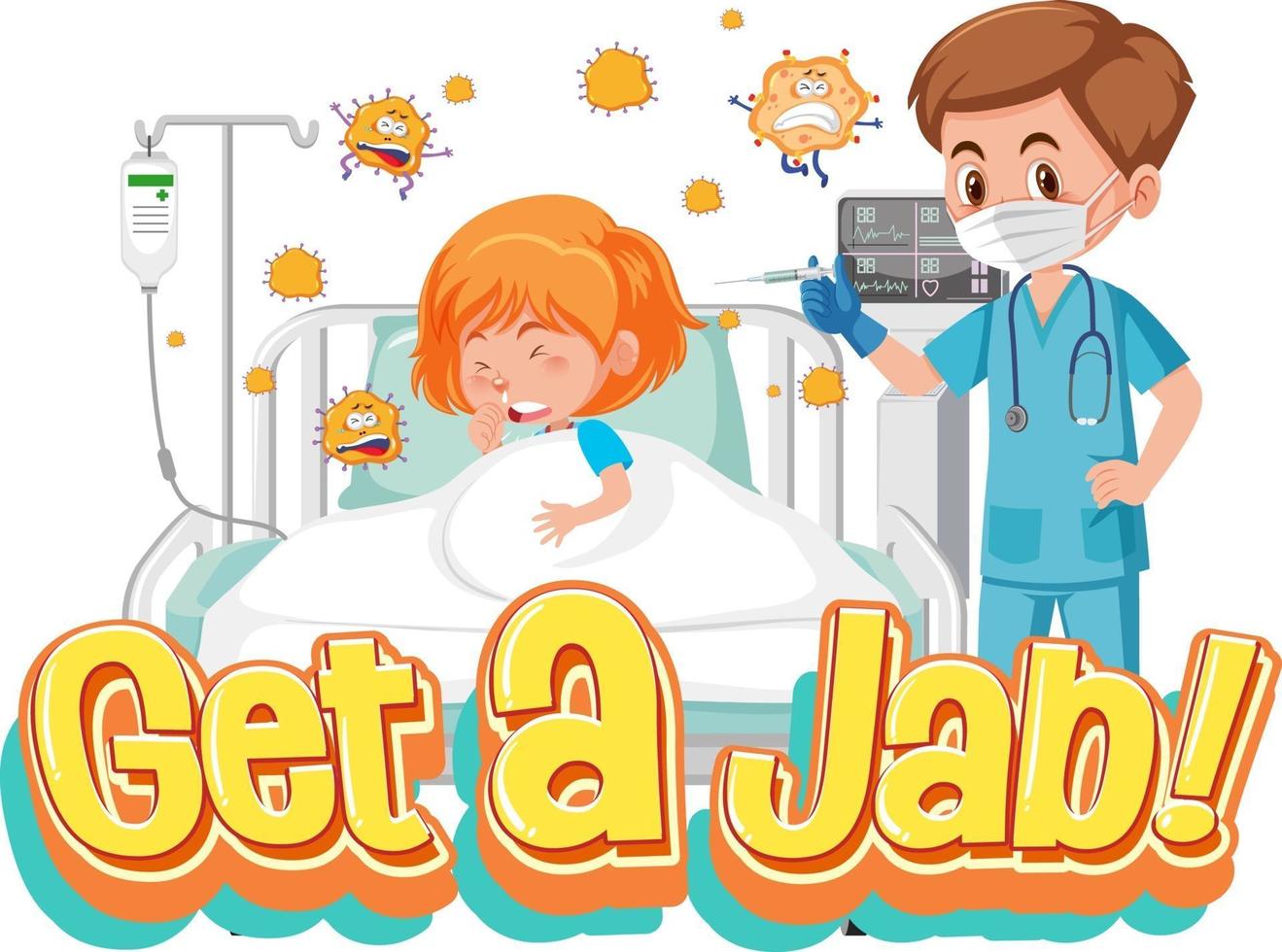 Coronavirus vaccination concept with Jab Time font and doctor cartoon character vector