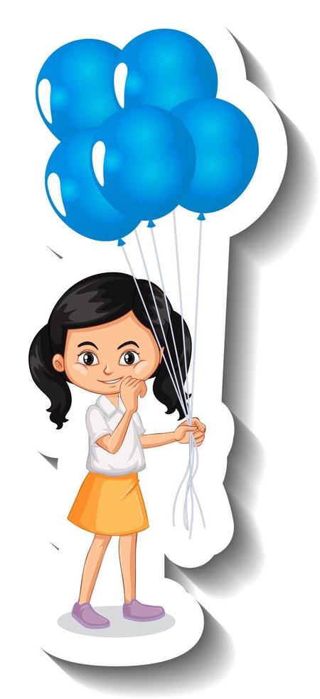 personaje de dibujos animados de niña sosteniendo muchos globos pegatina de dibujos animados vector