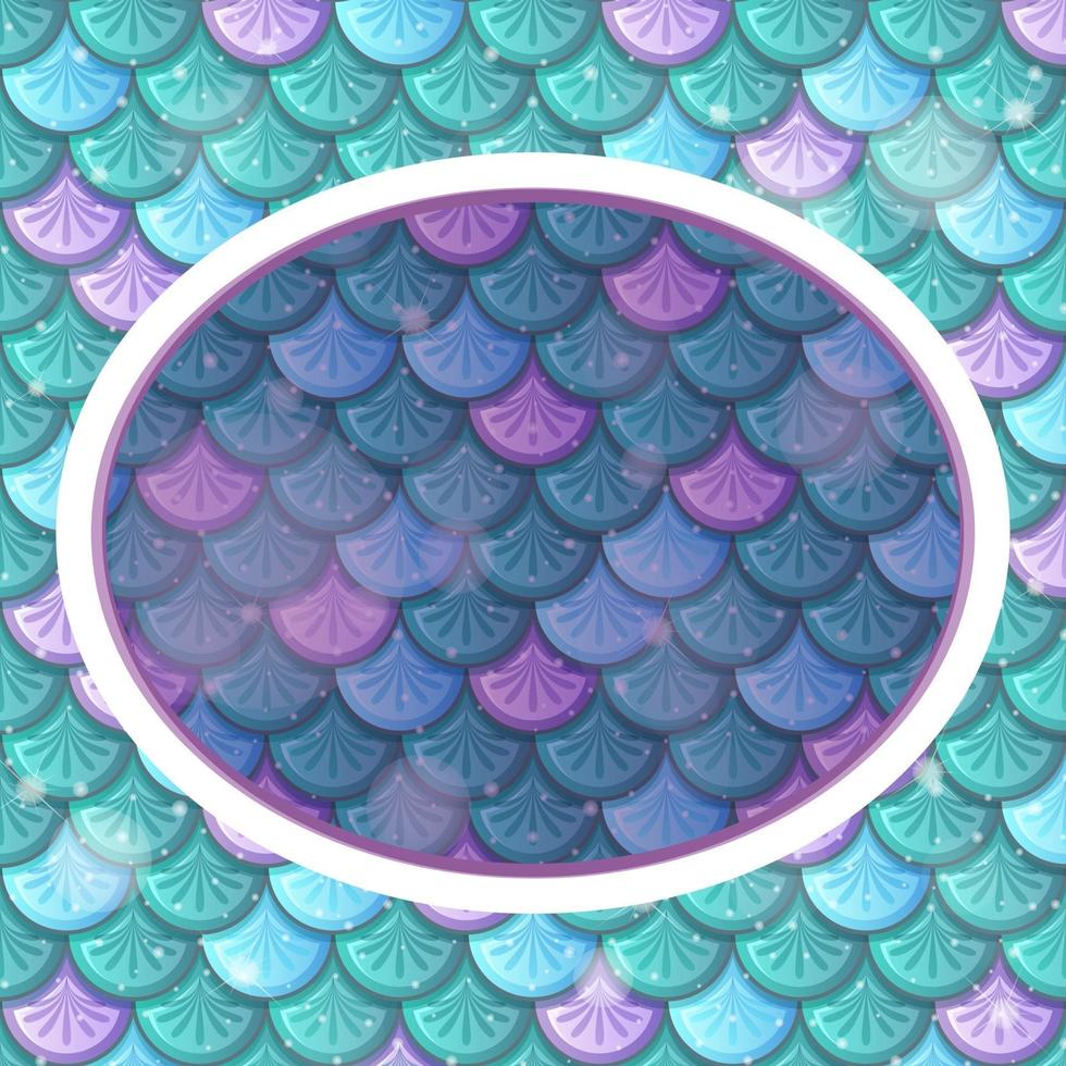 Oval frame template on green rainbow fish scales background vector