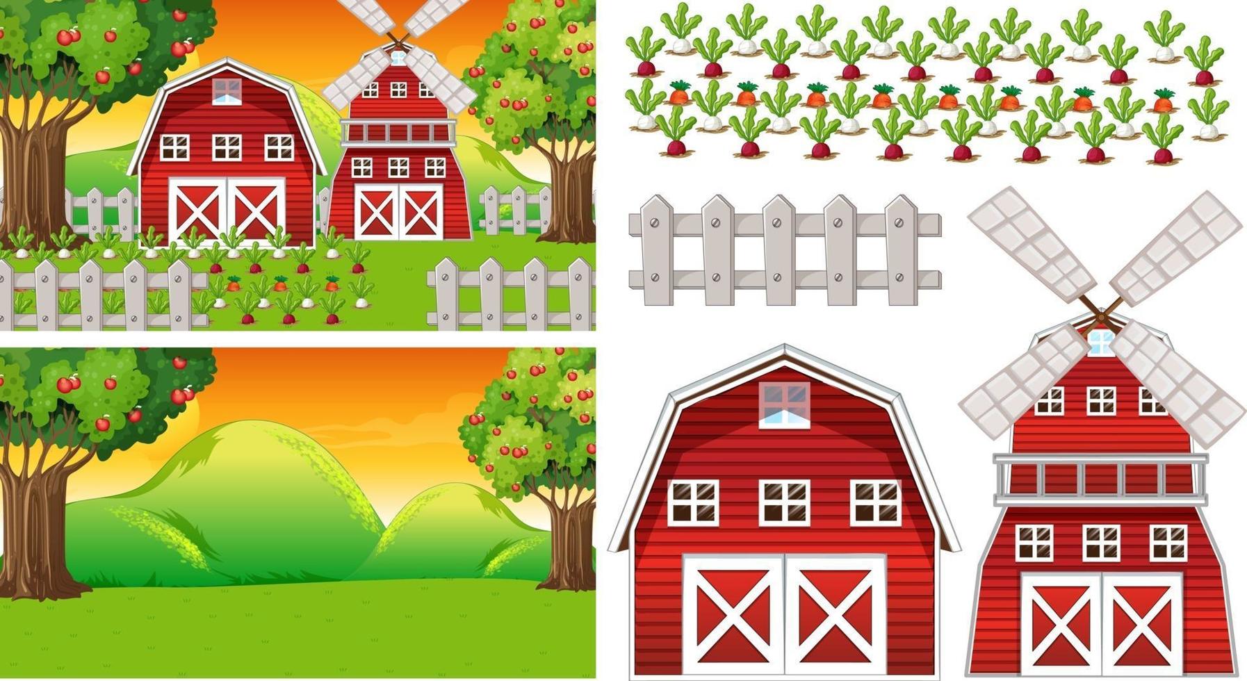 Farm element set isolated with farm scence vector