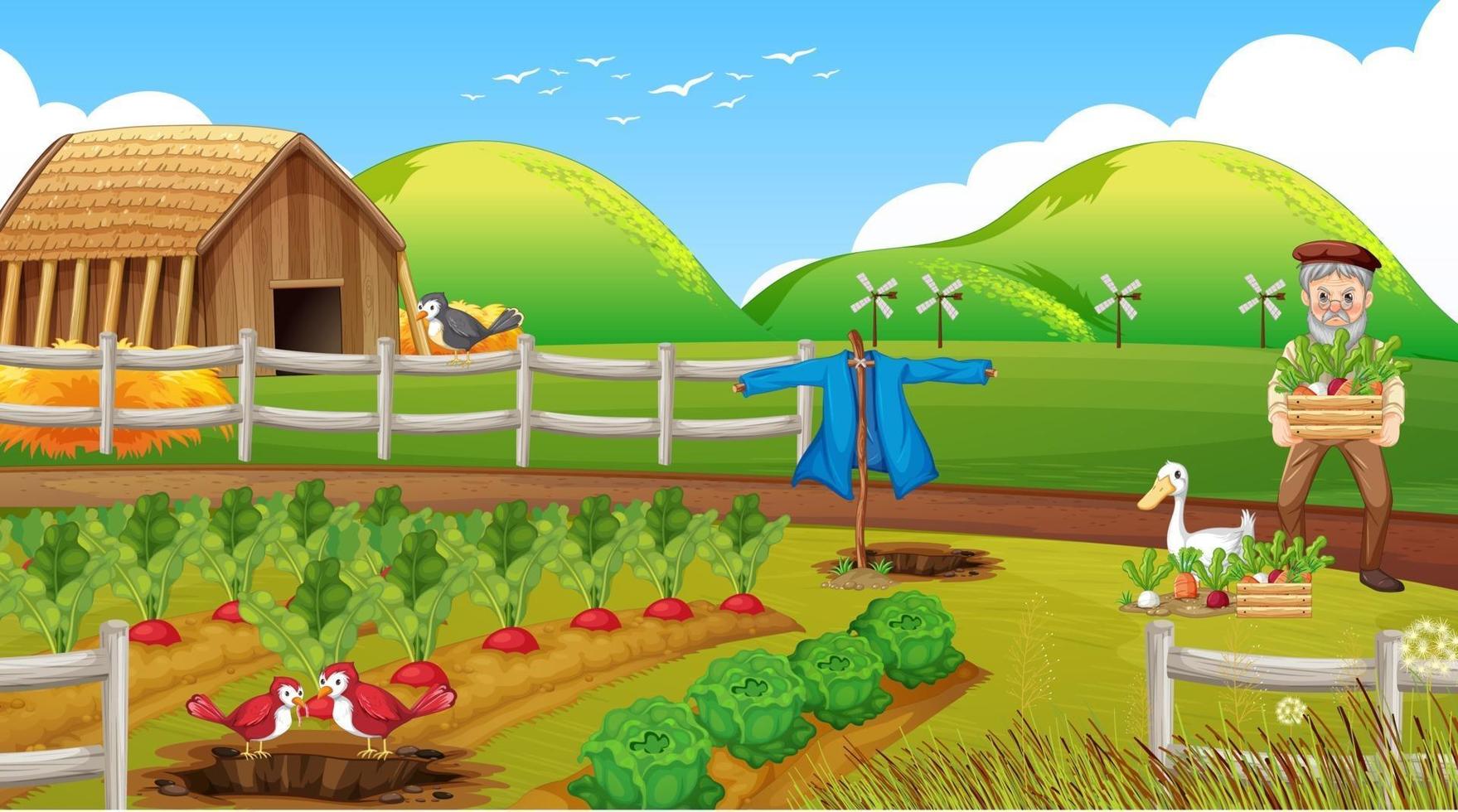 Farm scene with old farmer man and farm animals vector