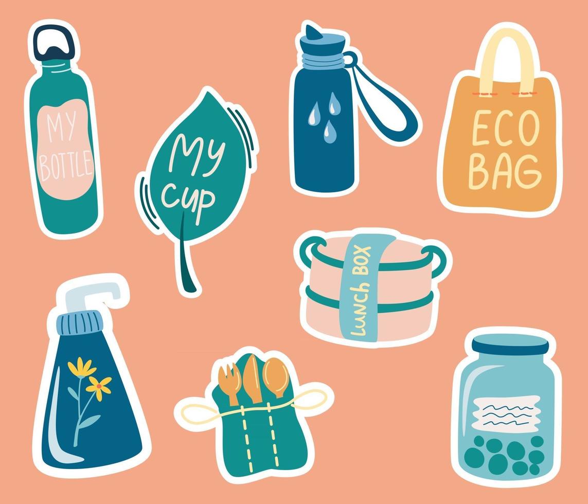 Ecology colorful stickers collection. Zero waste items lunch box, thermos, mug, cloth bag, cream, wooden cutlery. Eco friendly lifestyle. No plastic. Vector cartoon illustration