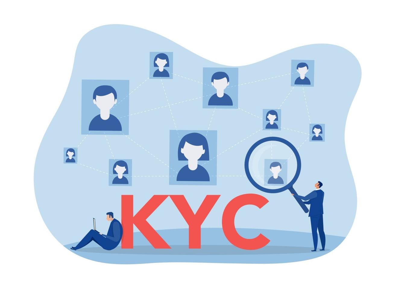 kyc o conozca a su cliente con el negocio verificando la identidad del concepto de sus clientes en los futuros socios a través de un ilustrador de vectores de lupa
