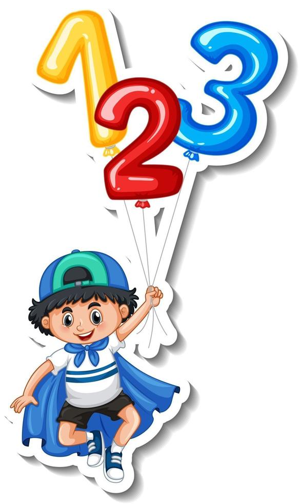 Sticker template with a boy holding many balloons isolated vector