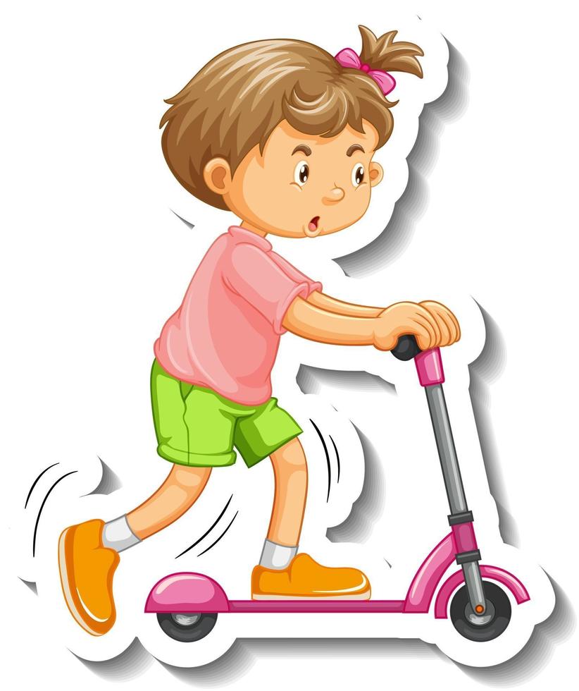 Sticker template with a little girl playing scooter cartoon character isolated vector