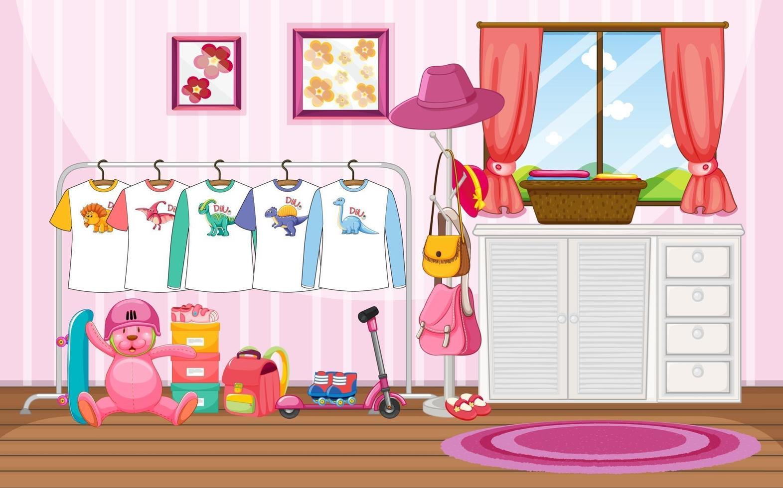 Children clothes on a clothesline with many toys in the room scene vector