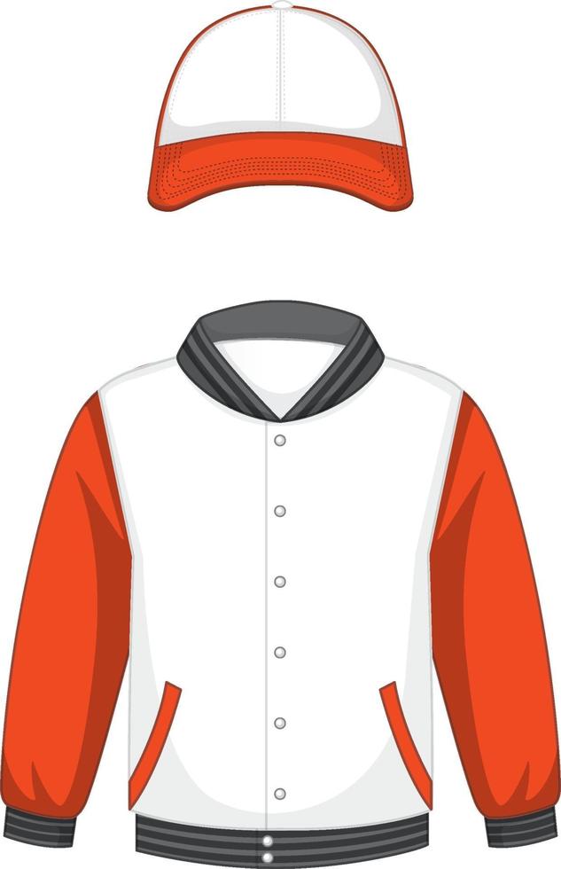 Front of basic white and orange bomber jacket and cap isolated vector