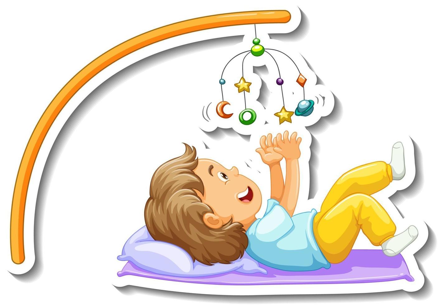 Sticker template with a little girl playing baby mobile isolated vector