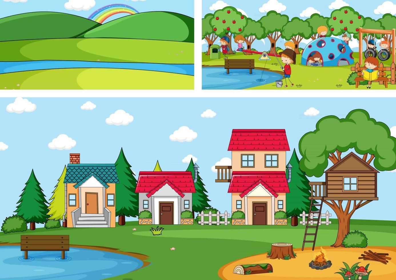 Set of different horizontal scenes background with doodle kids cartoon character vector