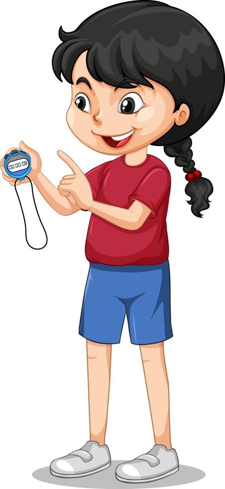 Happy girl standing and holding a timer vector