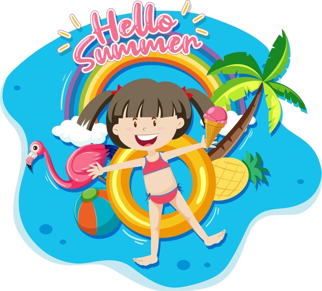 Hello summer banner with a girl laying on swimming ring isolated vector