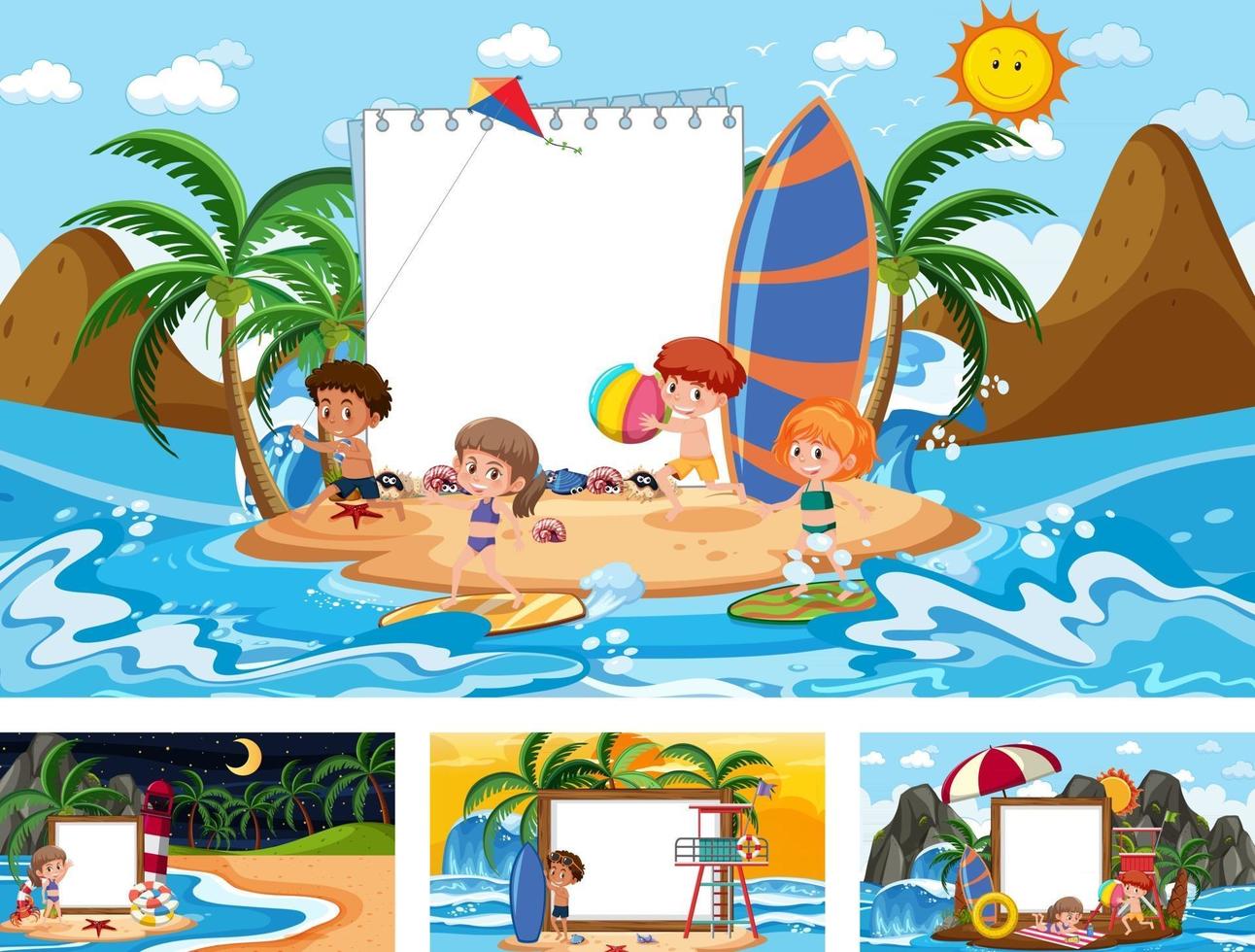 Set of blank banner in different tropical beach scenes vector