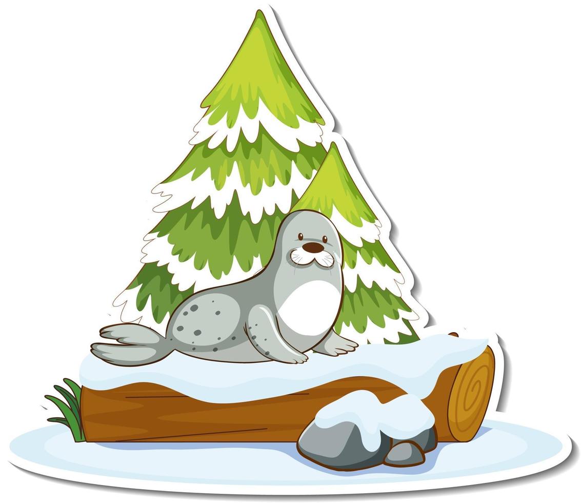 Sticker a cute seal stand by pine tree covered with snow vector