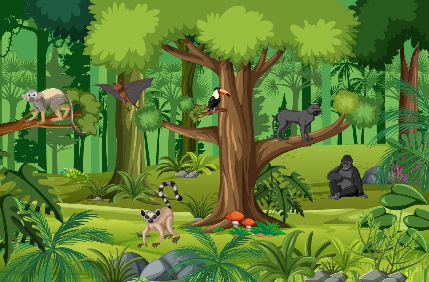 Tropical rainforest scene with various wild animals vector