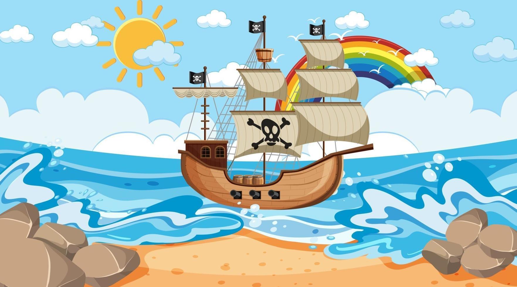 escena del océano durante el día con barco pirata en estilo de dibujos animados vector