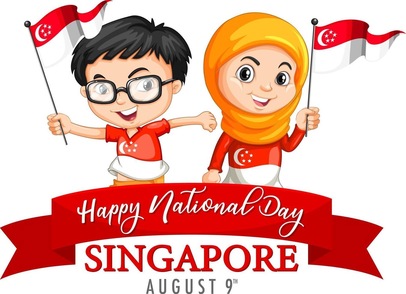 día nacional de singapur con niños sosteniendo el personaje de dibujos animados de la bandera de singapur vector
