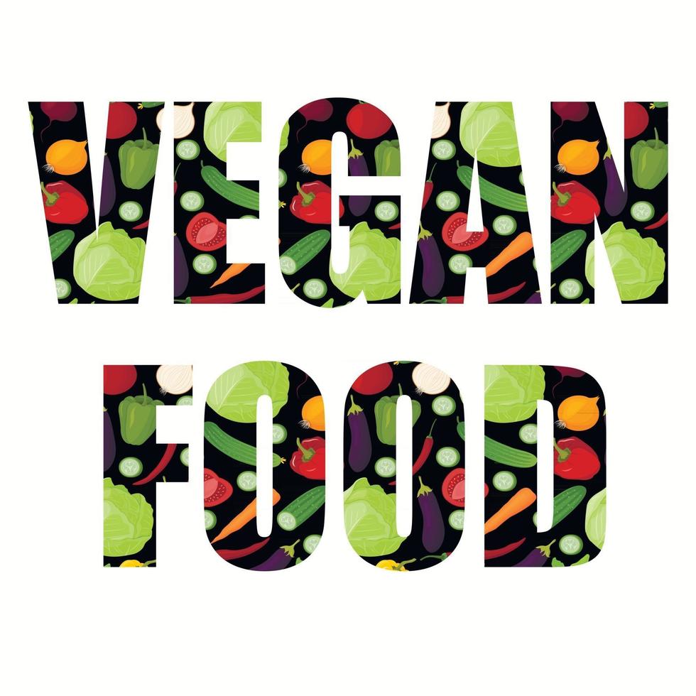 Vector lettering with colorful vegetable pattern. Vegetarian food. The concept of healthy eating.