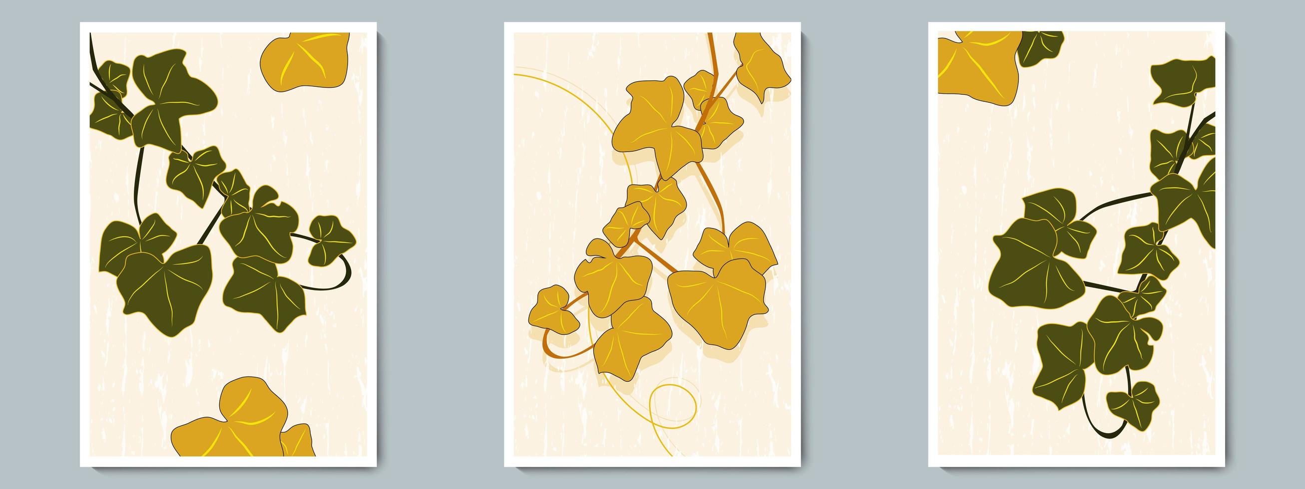 Botanical Wall Art Vector Poster Set. Minimalist Gold, Green Branch with Shadow and Texture Background