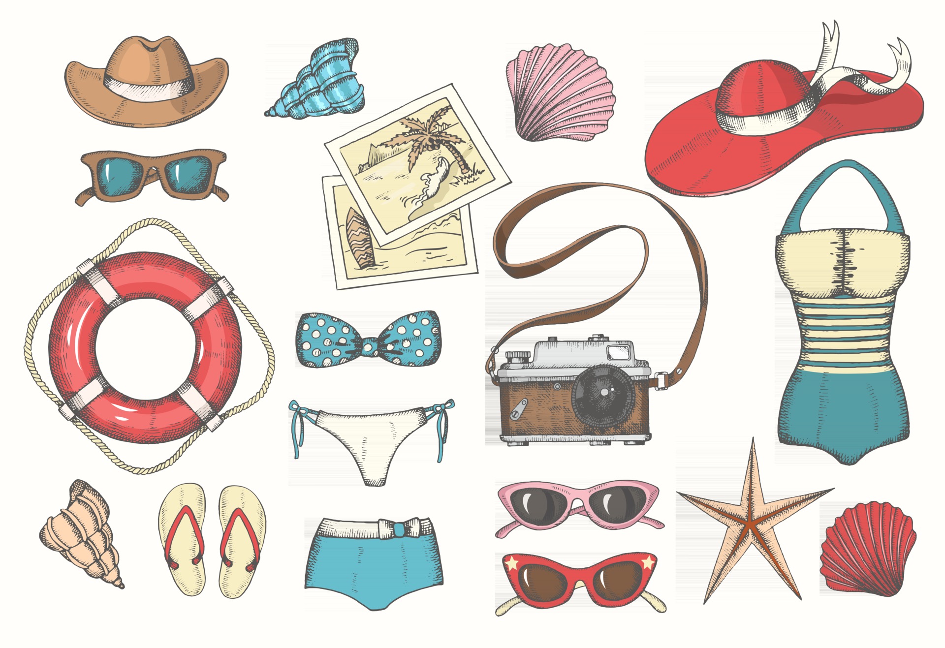 Vector summer vintage set with hand drawn color men's and women's summer  accessories, clothes, shells and lifebuoy. Sketch. Vacations, tourism.  2764852 Vector Art at Vecteezy