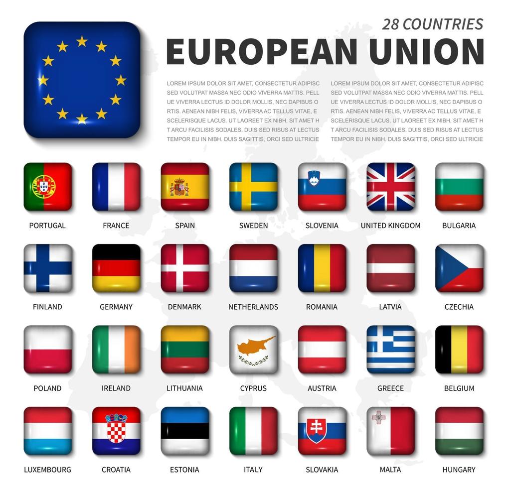 European union  EU  and membership flag . Association of 28 countries . Round angle shiny square button and europe map background . Vector .