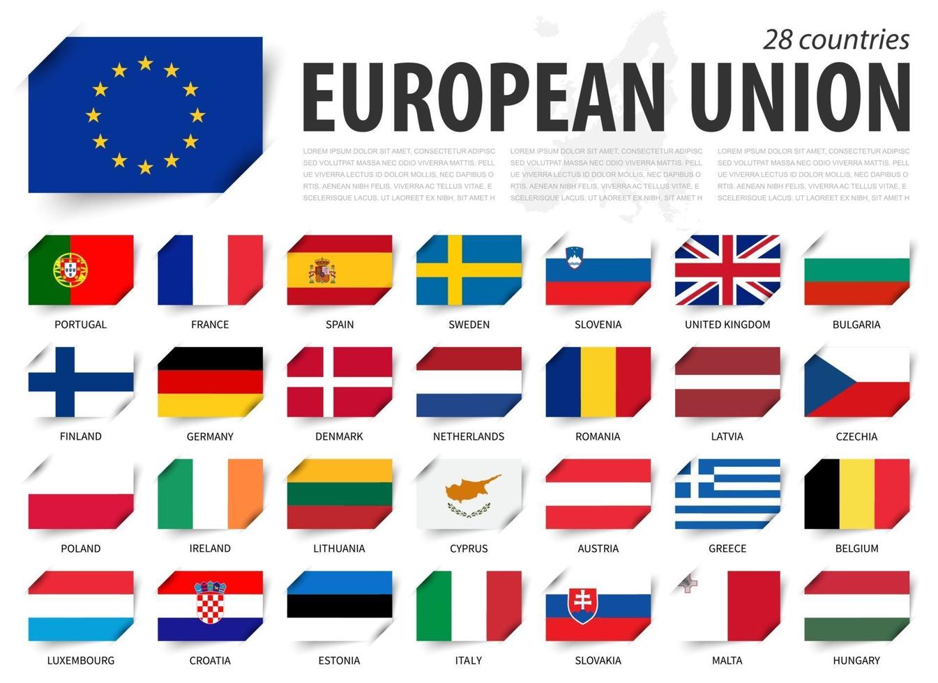 Unión Europea . bandera de la ue y membresía del país. y mapa de Europa en el fondo. diseño de banderas de papel insertado. vector. vector