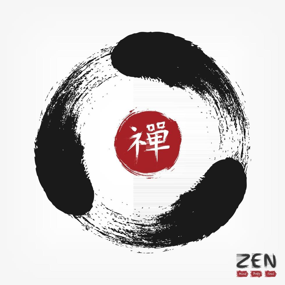 Enso zen circle with kanji calligraphic  Chinese . Japanese  alphabet translation meaning zen . Watercolor painting design . Buddhism religion concept . Sumi e style . Vector illustration .