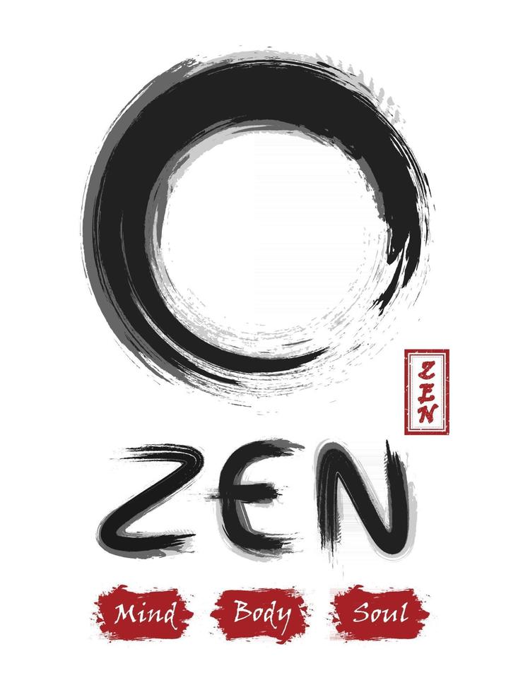 Enso zen circle . Sumi e design . Black and gray overlap color . Red stamp with calligraphic zen alphabet . White isolated background . Vector illustration .