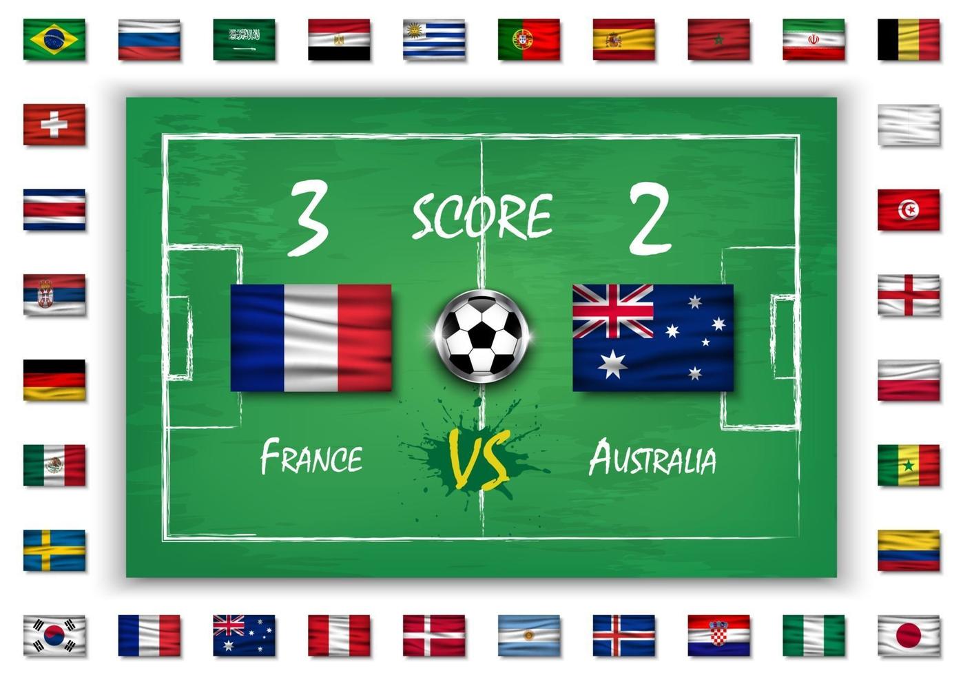 Football or soccer match with scoreboard and set of all national flags vector