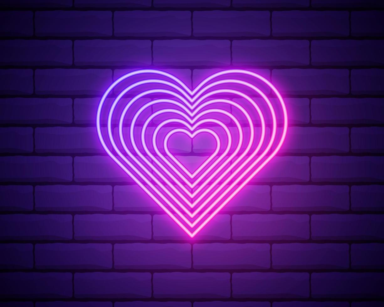 corazón brillante. señal de neón. Signo de corazón de neón retro sobre fondo de pared de ladrillo púrpura. elemento de diseño para el feliz día de san valentín. ilustración vectorial vector