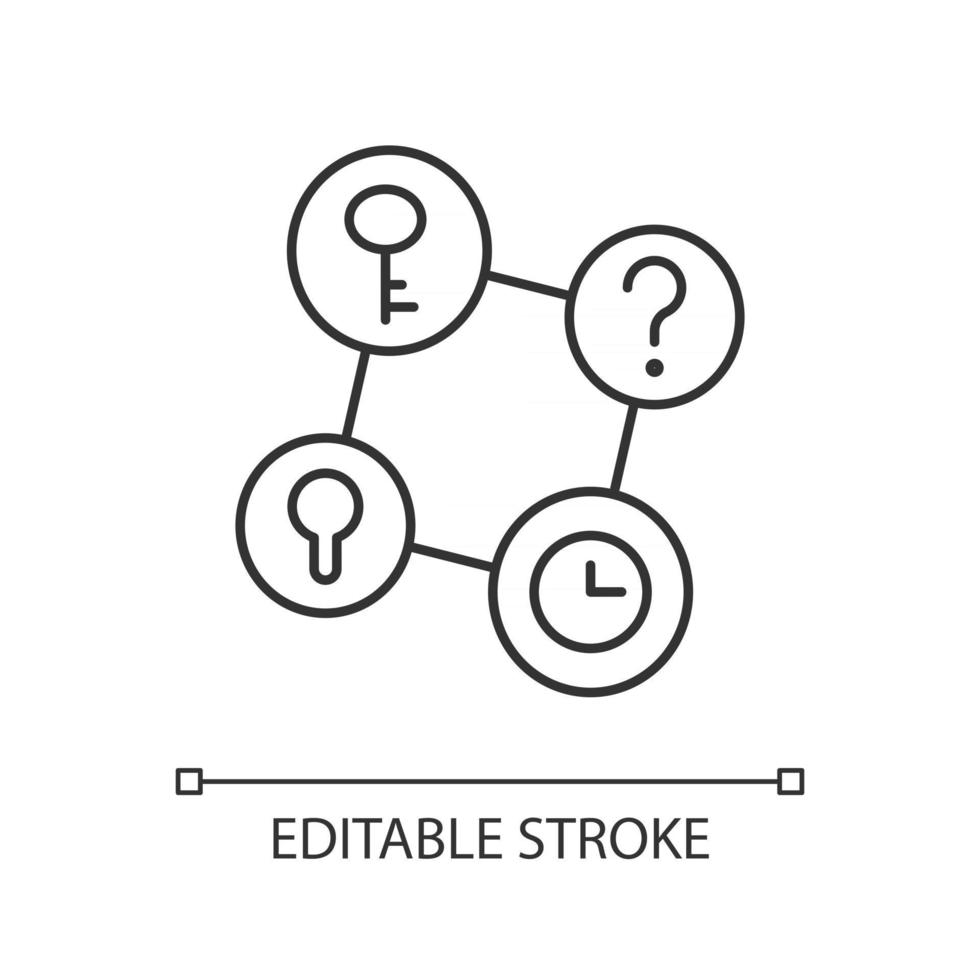 Connecting facts linear icon. Mind game. Analyze question. Solving puzzles, clues for riddles. Thin line customizable illustration. Contour symbol. Vector isolated outline drawing. Editable stroke