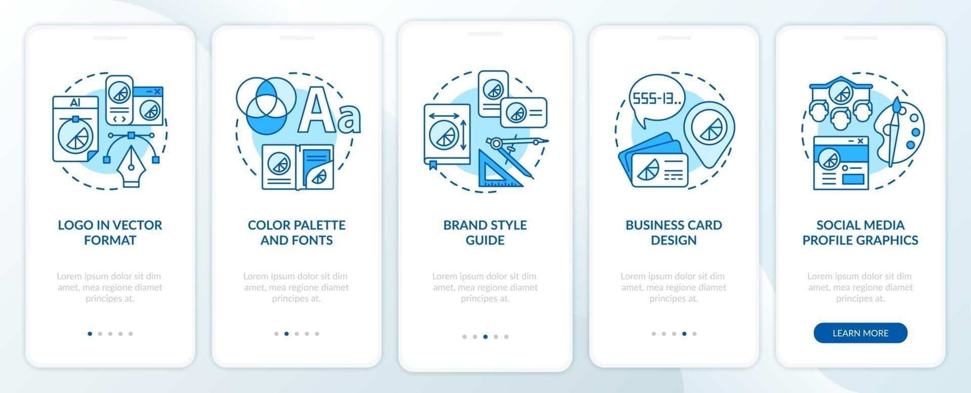 servicios de marca incorporando la pantalla de la página de aplicaciones móviles con conceptos logo en formato vectorial tutorial instrucciones gráficas de 5 pasos. ui, ux, plantilla de vector de interfaz gráfica de usuario con ilustraciones en color lineal